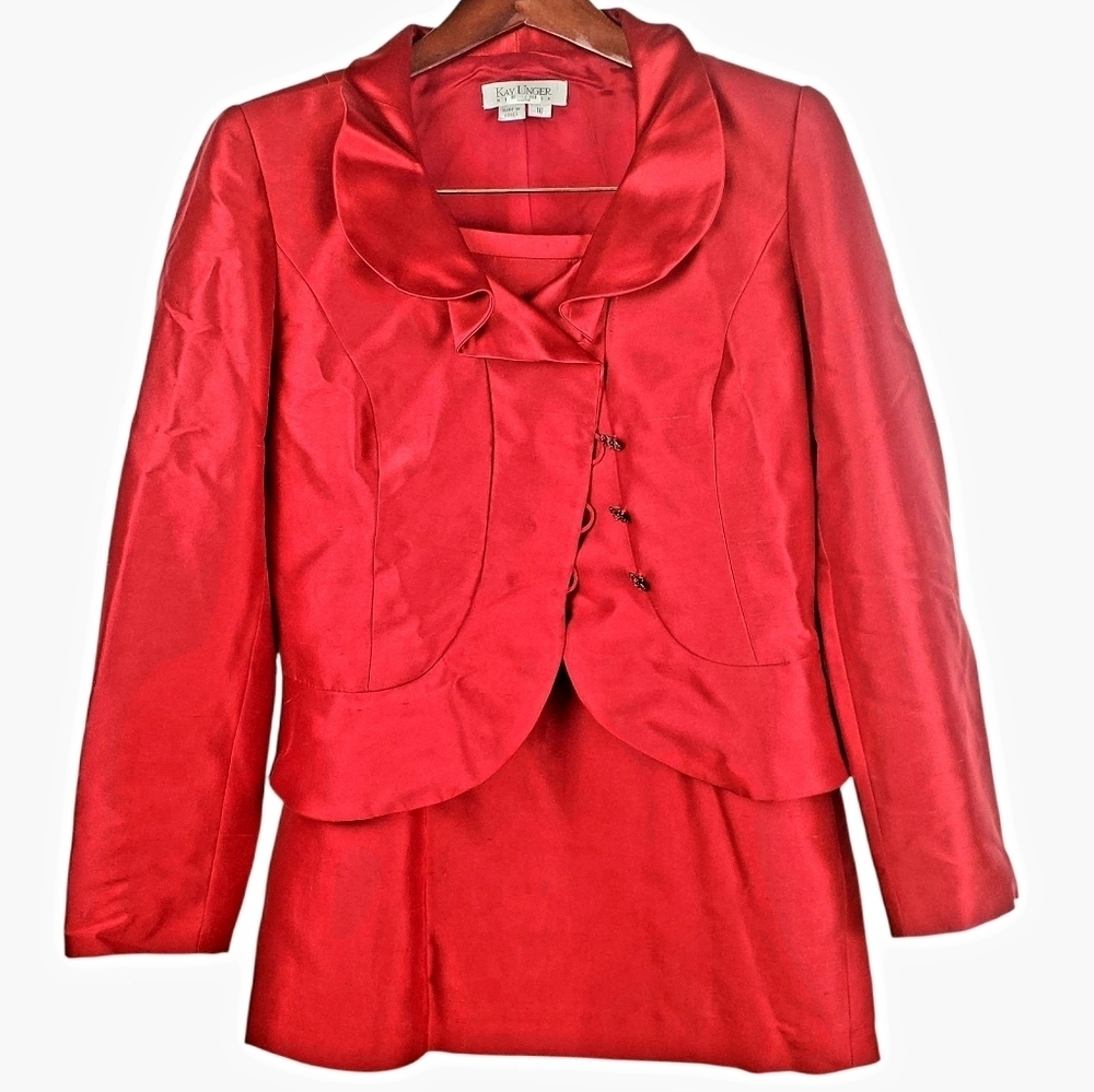 Vntg 90s Kay Unger Red Silk Suit. Cropped Jacket and Skirt. Size 10. #219